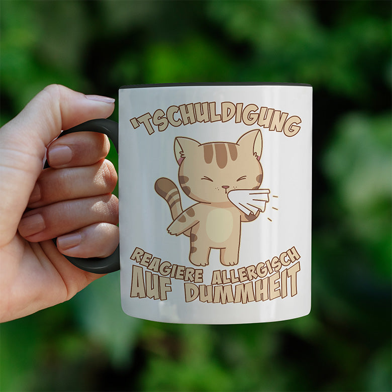 Tschuldigung reagiere allergisch auf Dummheit Katze 1 Witzige schwarze Tasse kaufen Geschenk