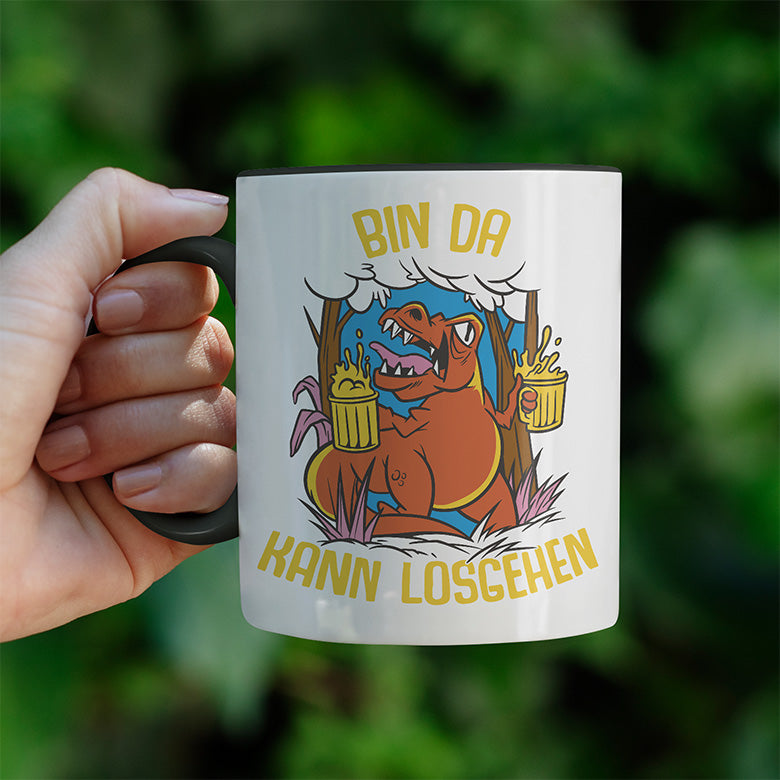 Bin da kann losgehen T Rex Bier Witzige schwarze Tasse kaufen Geschenk