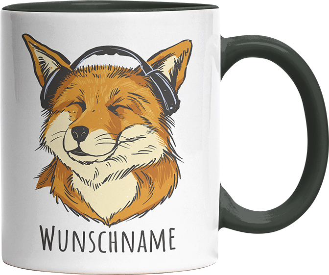 Fuchs mit Kopfhörern Personalisierbar Name Witzige Black Tasse kaufen Geschenk