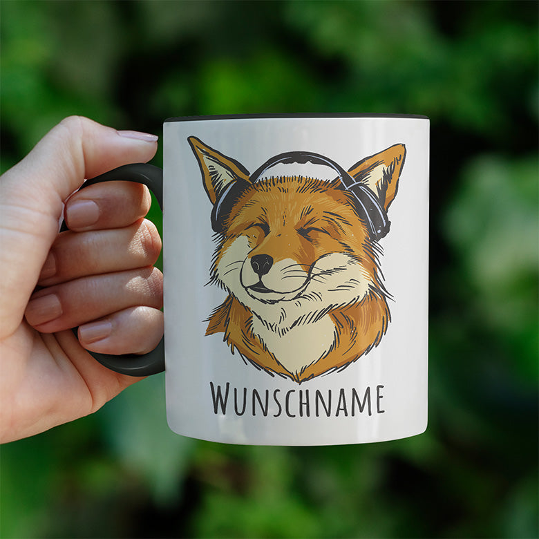 Fuchs mit Kopfhörern Personalisierbar Name Witzige schwarze Tasse kaufen Geschenk