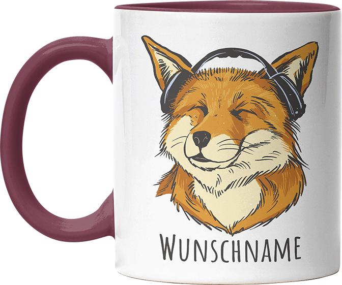 Fuchs mit Kopfhörern Personalisierbar Name Witzige Bordeaux Tasse kaufen Geschenk