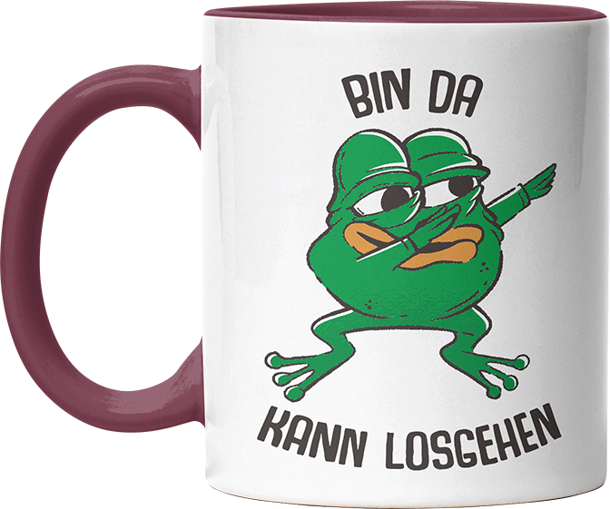 Bin da kann losgehen Frosch Witzige Bordeaux Tasse kaufen Geschenk
