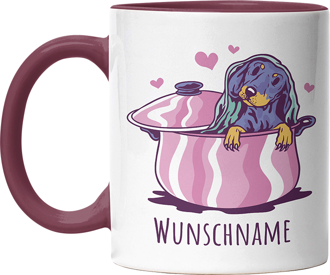 Dackel in Kochtopf Personalisierbar Name Witzige Bordeaux Tasse kaufen Geschenk
