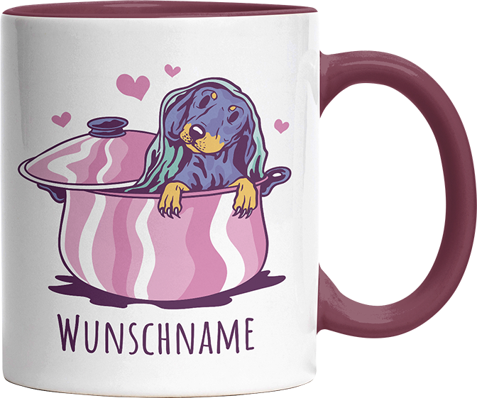 Dackel in Kochtopf Personalisierbar Name Witzige Bordeaux Tasse kaufen Geschenk