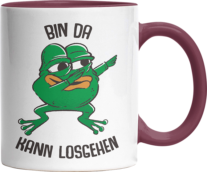Bin da kann losgehen Frosch Witzige Bordeaux Tasse kaufen Geschenk