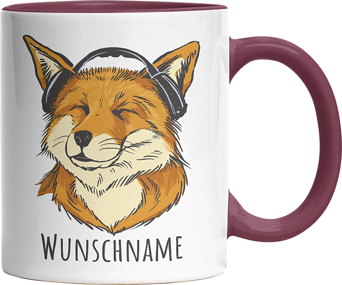 Fuchs mit Kopfhörern Personalisierbar Name Witzige Bordeaux Tasse kaufen Geschenk