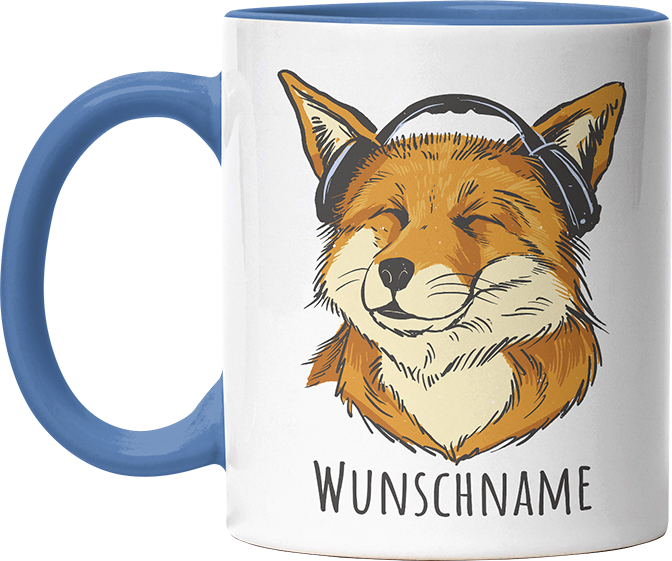 Fuchs mit Kopfhörern Personalisierbar Name Witzige Cambridge Blue Tasse kaufen Geschenk