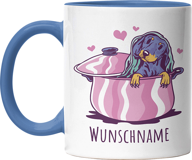 Dackel in Kochtopf Personalisierbar Name Witzige Cambridge Blue Tasse kaufen Geschenk