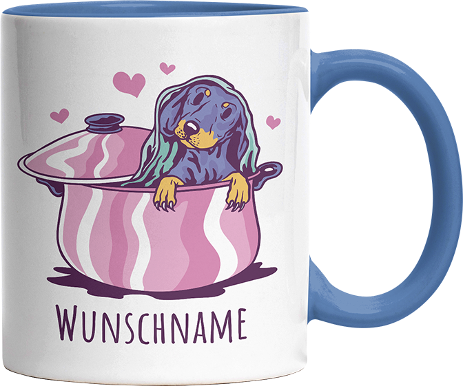 Dackel in Kochtopf Personalisierbar Name Witzige Cambridge Blue Tasse kaufen Geschenk