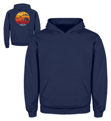 Zeigt wandern trekking vintage sonne mit zelt und lagerfeuer kinder hoodie in Farbe Jet Schwarz