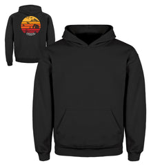 Zeigt wandern trekking vintage sonne mit zelt und lagerfeuer kinder hoodie in Farbe Jet Schwarz