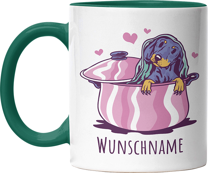 Dackel in Kochtopf Personalisierbar Name Witzige Dunkelgrün Tasse kaufen Geschenk