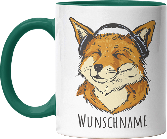 Fuchs mit Kopfhörern Personalisierbar Name Witzige Dunkelgrün Tasse kaufen Geschenk