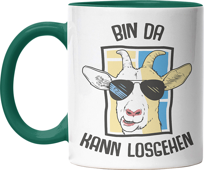 Bin da kann losgehen Ziege Witzige Dunkelgrün Tasse kaufen Geschenk