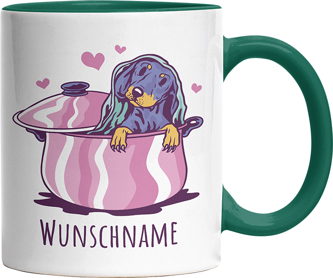 Dackel in Kochtopf Personalisierbar Name Witzige Dunkelgrün Tasse kaufen Geschenk