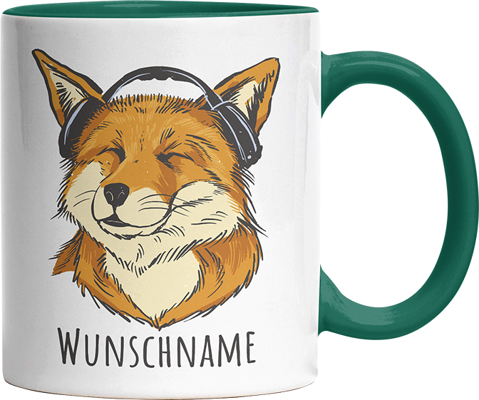 Fuchs mit Kopfhörern Personalisierbar Name Witzige Dunkelgrün Tasse kaufen Geschenk