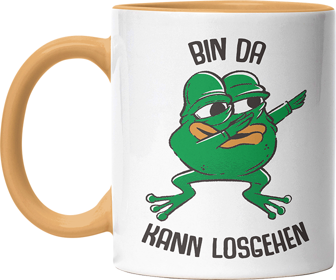 Bin da kann losgehen Frosch Witzige Goldgelb Tasse kaufen Geschenk