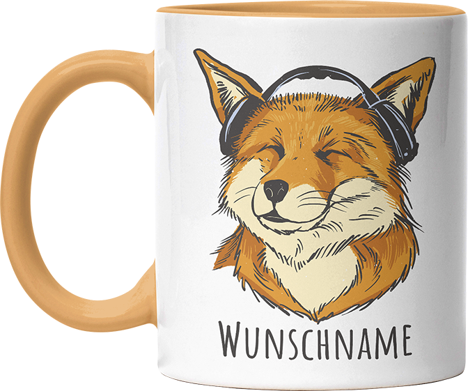 Fuchs mit Kopfhörern Personalisierbar Name Witzige Goldgelb Tasse kaufen Geschenk