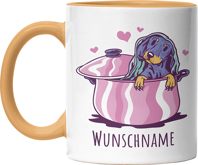 Dackel in Kochtopf Personalisierbar Name Witzige Goldgelb Tasse kaufen Geschenk