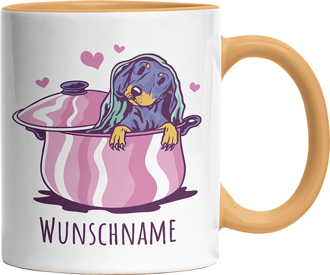 Dackel in Kochtopf Personalisierbar Name Witzige Goldgelb Tasse kaufen Geschenk