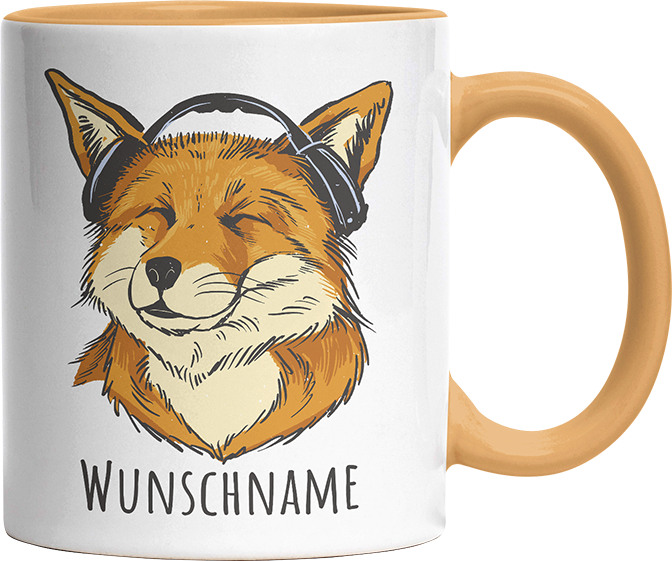 Fuchs mit Kopfhörern Personalisierbar Name Witzige Goldgelb Tasse kaufen Geschenk