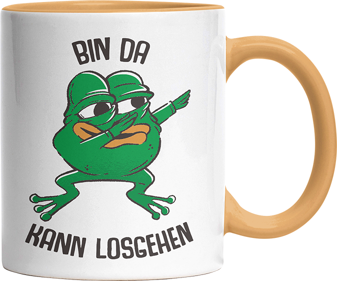 Bin da kann losgehen Frosch Witzige Goldgelb Tasse kaufen Geschenk