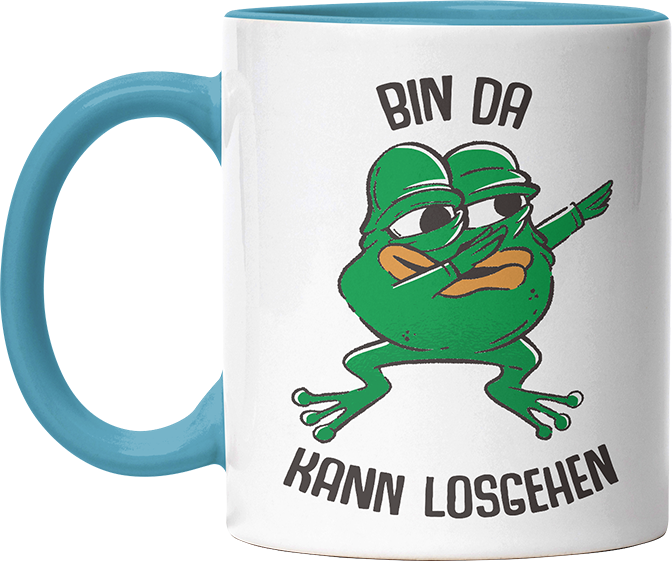 Bin da kann losgehen Frosch Witzige Hellblau Tasse kaufen Geschenk