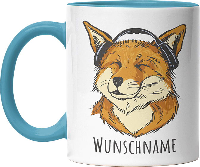 Fuchs mit Kopfhörern Personalisierbar Name Witzige Hellblau Tasse kaufen Geschenk