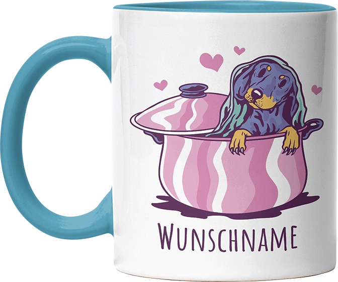 Dackel in Kochtopf Personalisierbar Name Witzige Hellblau Tasse kaufen Geschenk