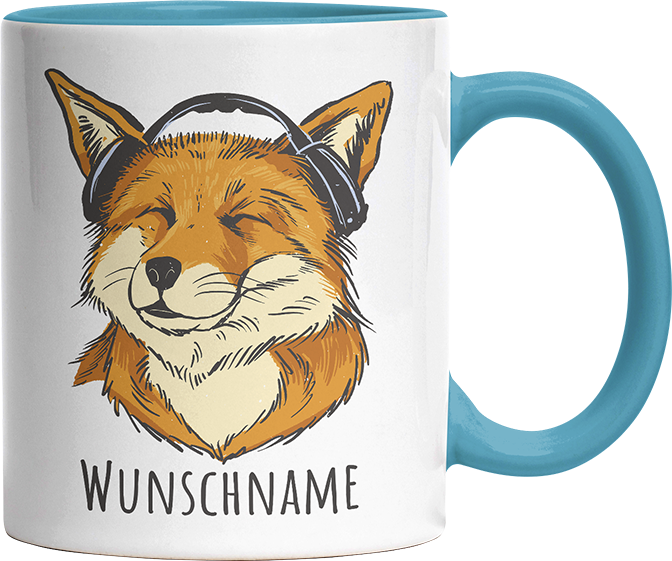 Fuchs mit Kopfhörern Personalisierbar Name Witzige Hellblau Tasse kaufen Geschenk