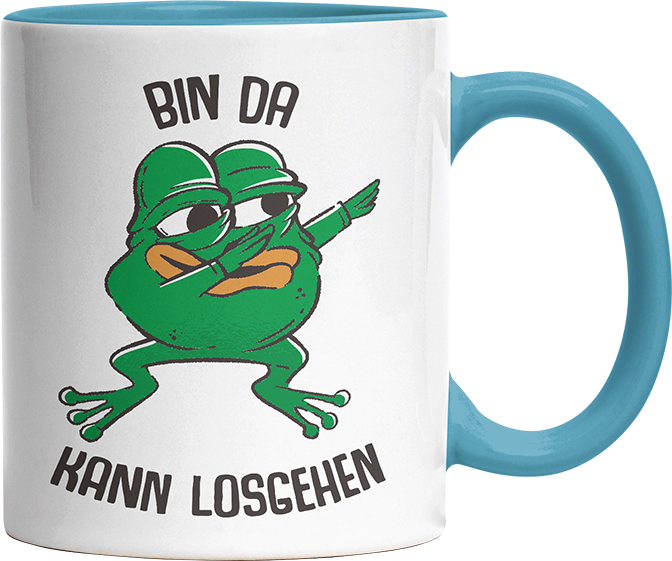 Bin da kann losgehen Frosch Witzige Hellblau Tasse kaufen Geschenk