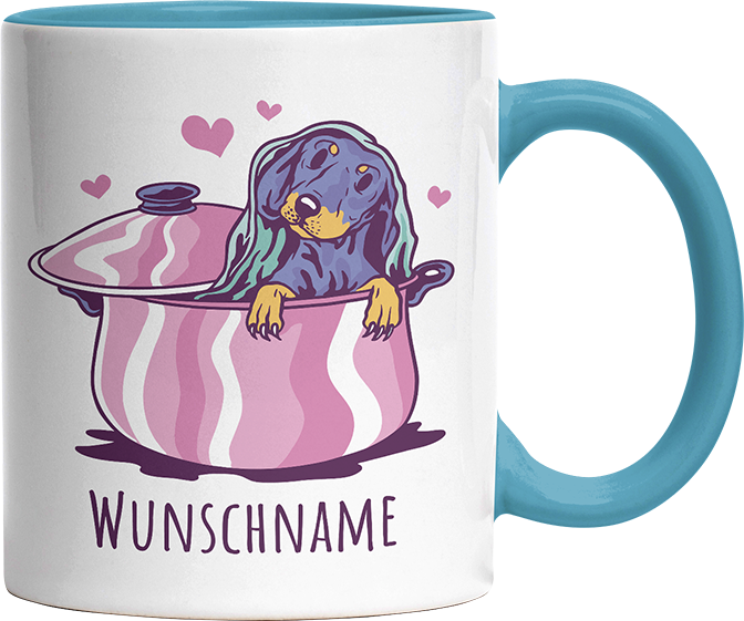Dackel in Kochtopf Personalisierbar Name Witzige Hellblau Tasse kaufen Geschenk