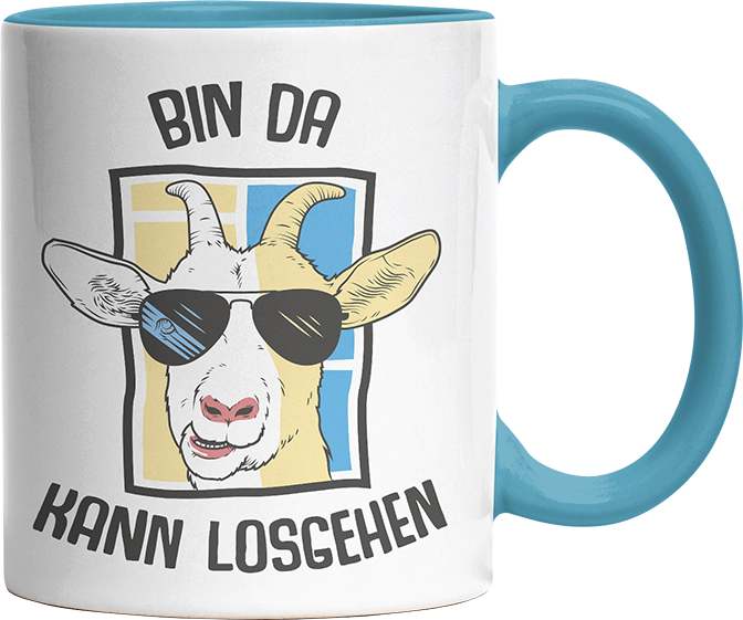 Bin da kann losgehen Ziege Witzige Hellblau Tasse kaufen Geschenk