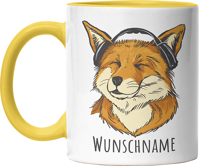 Fuchs mit Kopfhörern Personalisierbar Name Witzige Hellgelb Tasse kaufen Geschenk