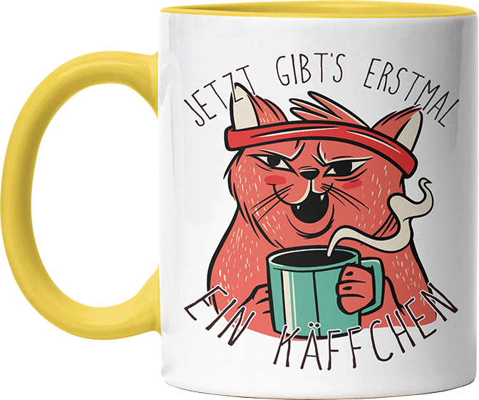 Jetzt gibts erstmal ein Käffchen Katze 2 Witzige Hellgelb Tasse kaufen Geschenk