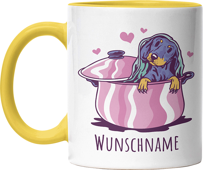 Dackel in Kochtopf Personalisierbar Name Witzige Hellgelb Tasse kaufen Geschenk