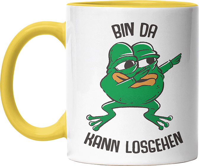 Bin da kann losgehen Frosch Witzige Hellgelb Tasse kaufen Geschenk