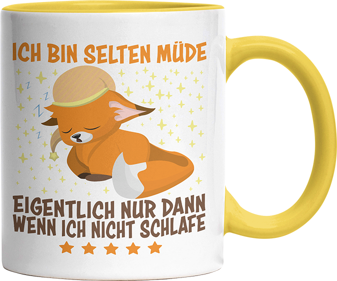 Ich bin selten müde eigentlich nur wenn ich nicht schlafe Fox Witzige Hellgelb Tasse kaufen Geschenk