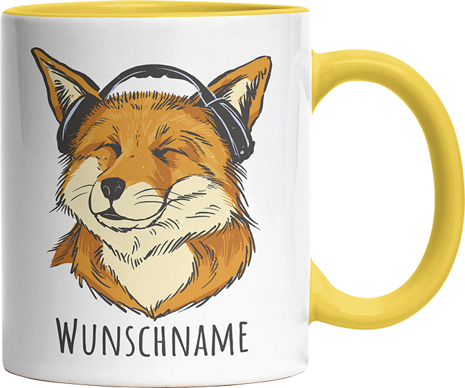 Fuchs mit Kopfhörern Personalisierbar Name Witzige Hellgelb Tasse kaufen Geschenk