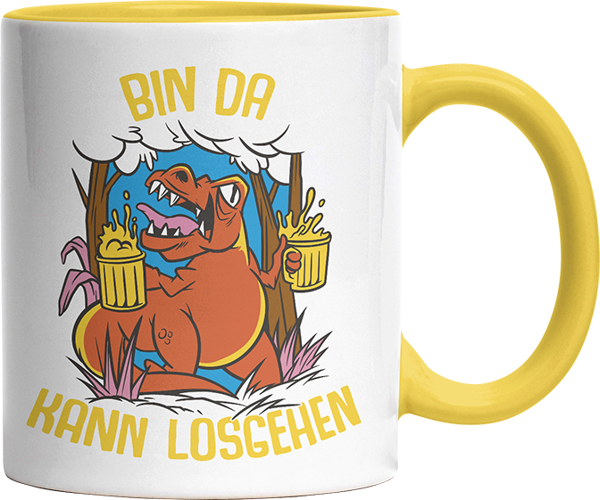 Bin da kann losgehen T Rex Bier Witzige Hellgelb Tasse kaufen Geschenk