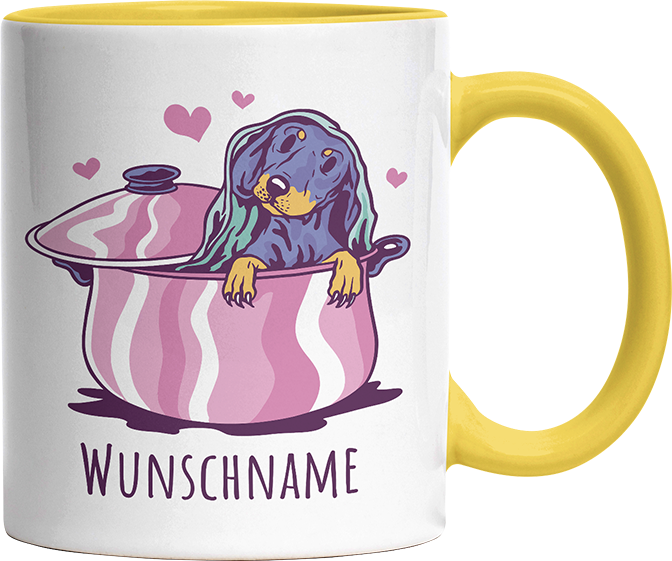 Dackel in Kochtopf Personalisierbar Name Witzige Hellgelb Tasse kaufen Geschenk