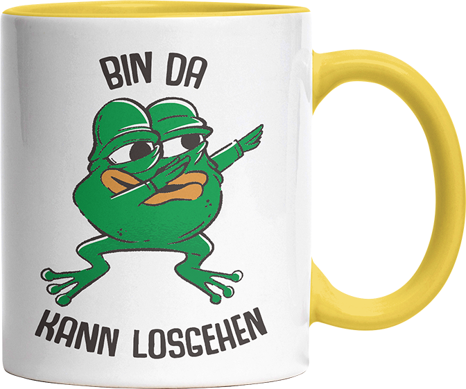 Bin da kann losgehen Frosch Witzige Hellgelb Tasse kaufen Geschenk