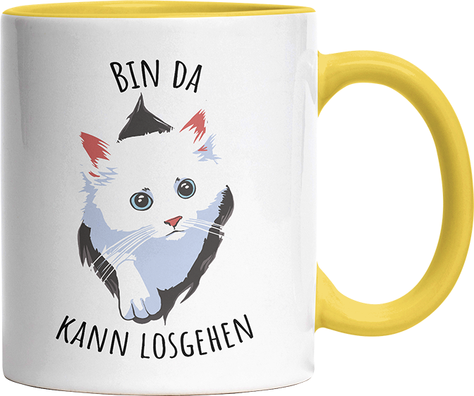 Bin da kann losgehen Katze Witzige Hellgelb Tasse kaufen Geschenk