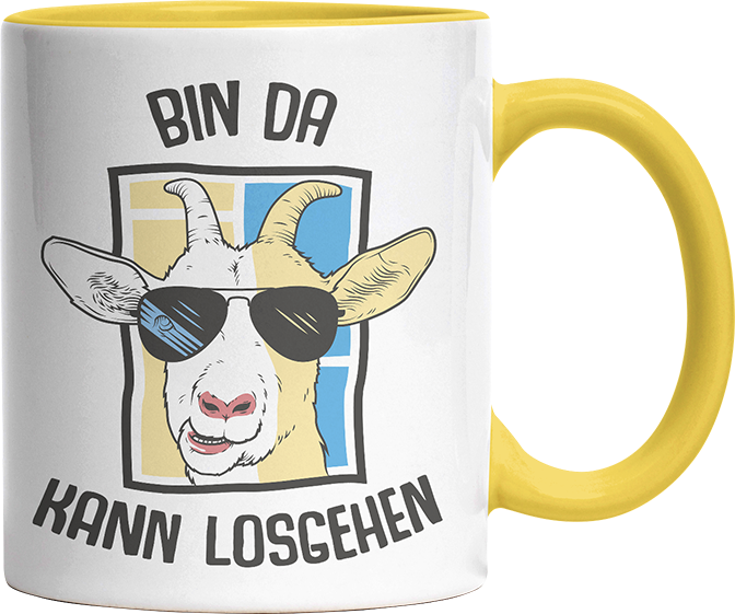 Bin da kann losgehen Ziege Witzige Hellgelb Tasse kaufen Geschenk