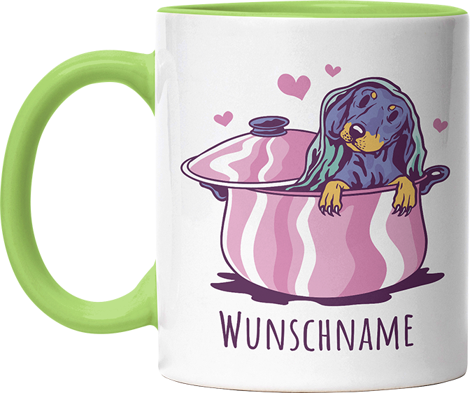 Dackel in Kochtopf Personalisierbar Name Witzige Hellgrün Tasse kaufen Geschenk