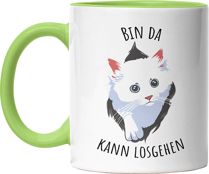 Bin da kann losgehen Katze Witzige Hellgrün Tasse kaufen Geschenk