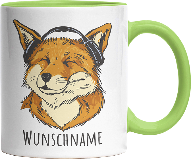 Fuchs mit Kopfhörern Personalisierbar Name Witzige Hellgrün Tasse kaufen Geschenk
