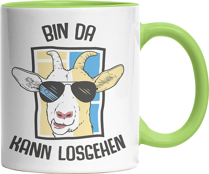 Bin da kann losgehen Ziege Witzige Hellgrün Tasse kaufen Geschenk