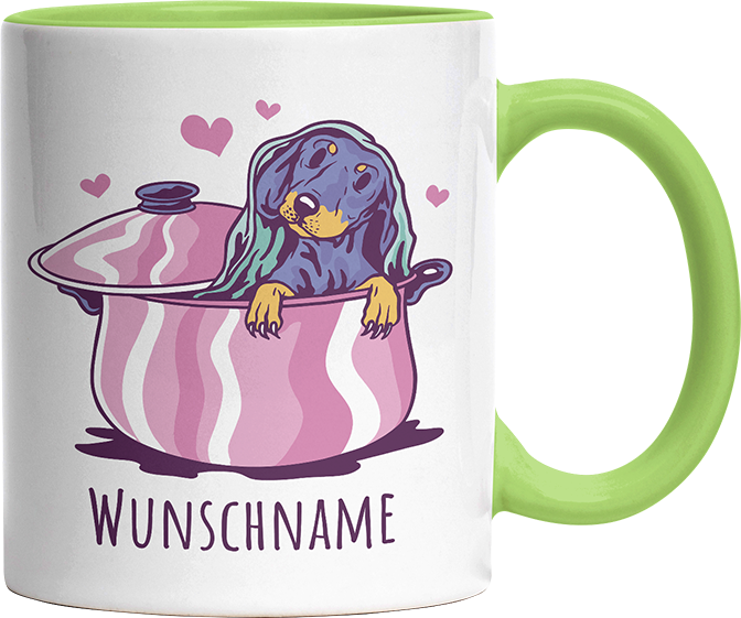 Dackel in Kochtopf Personalisierbar Name Witzige Hellgrün Tasse kaufen Geschenk