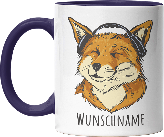 Fuchs mit Kopfhörern Personalisierbar Name Witzige Kobaltblau Tasse kaufen Geschenk